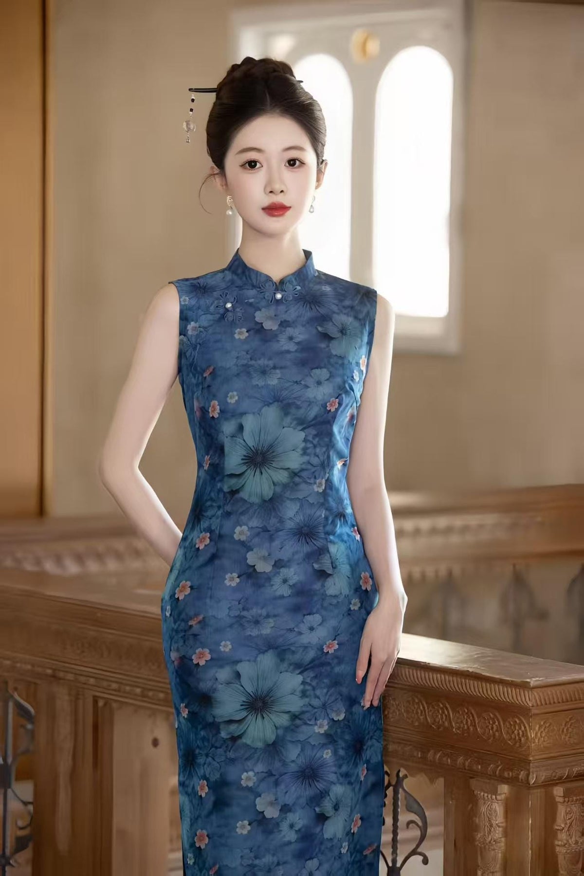 Women's Blue Floral Qipao Cheongsam Dress – additional product view