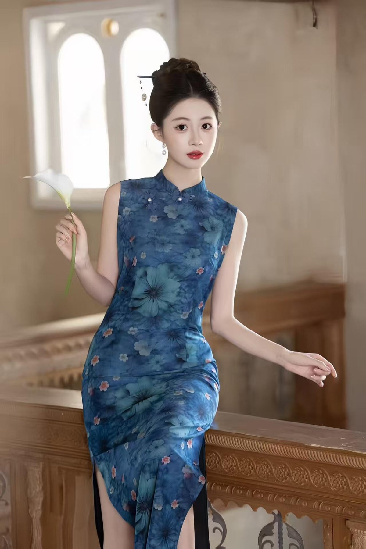 Women's Blue Floral Qipao Cheongsam Dress – additional product view