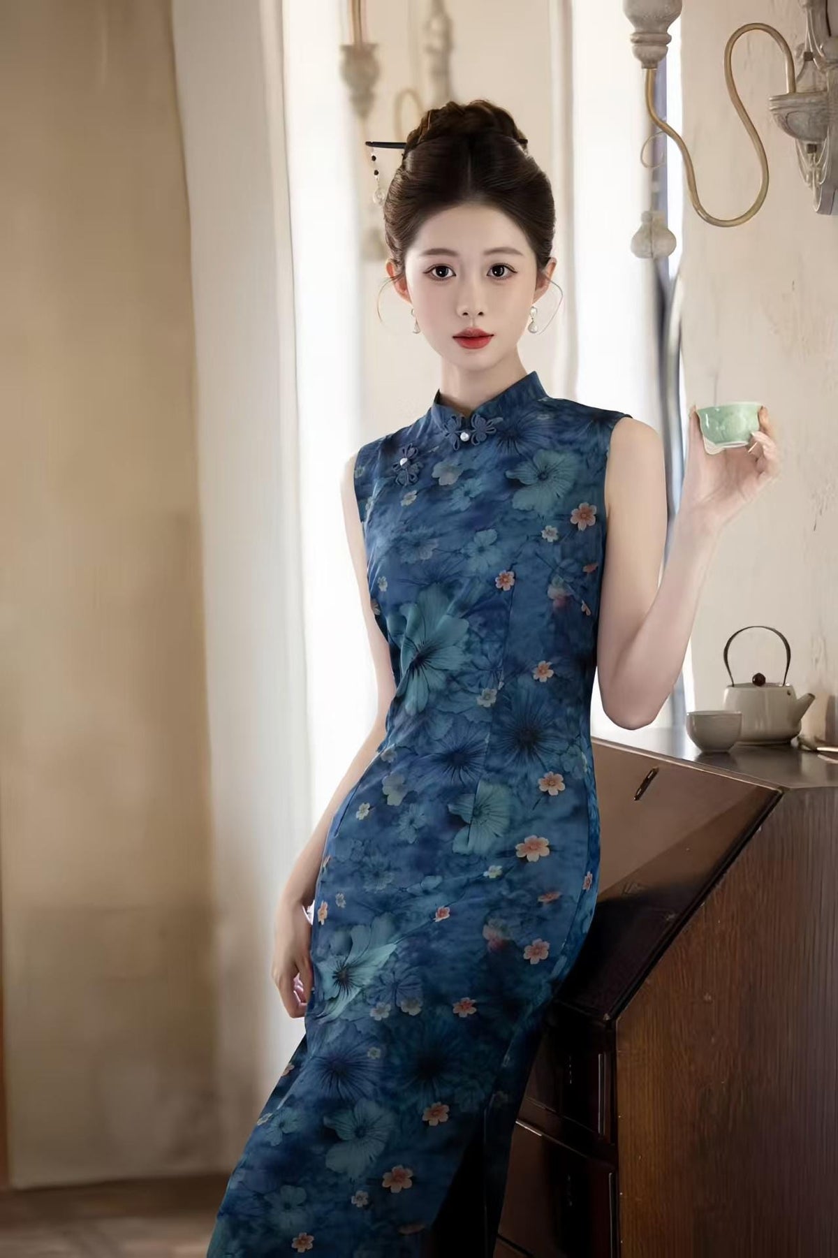 Women's Blue Floral Qipao Cheongsam Dress