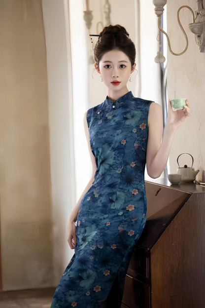 Women's Blue Floral Qipao Cheongsam Dress