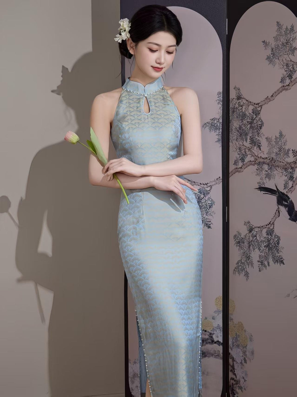 Women's Vintage Qipao Cheongsam Dress – Halter Neck Fitted – additional product view