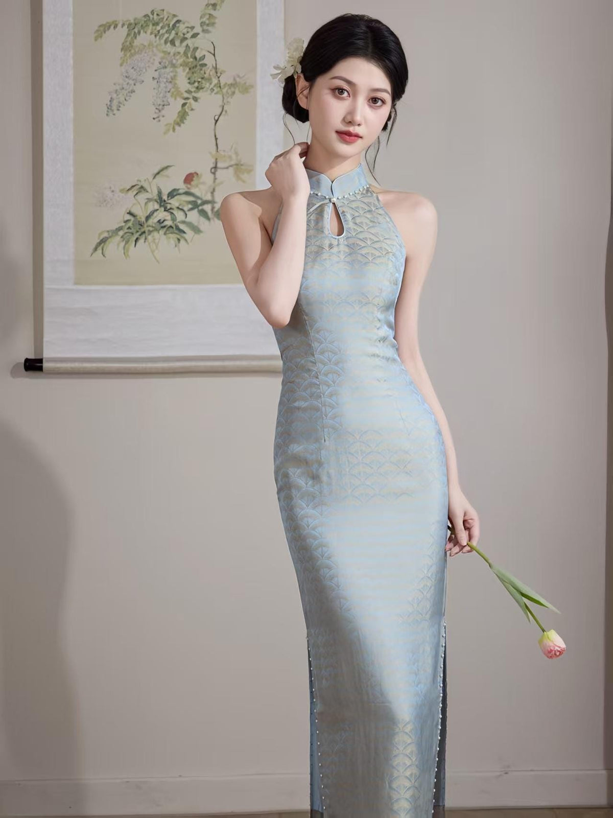 Women's Vintage Qipao Cheongsam Dress – Halter Neck Fitted – additional product view