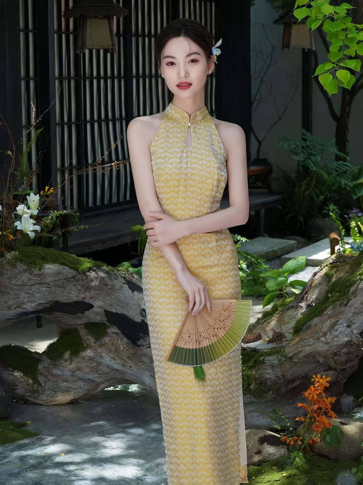 Women's Vintage Qipao Cheongsam Dress – Halter Neck Fitted – additional product view