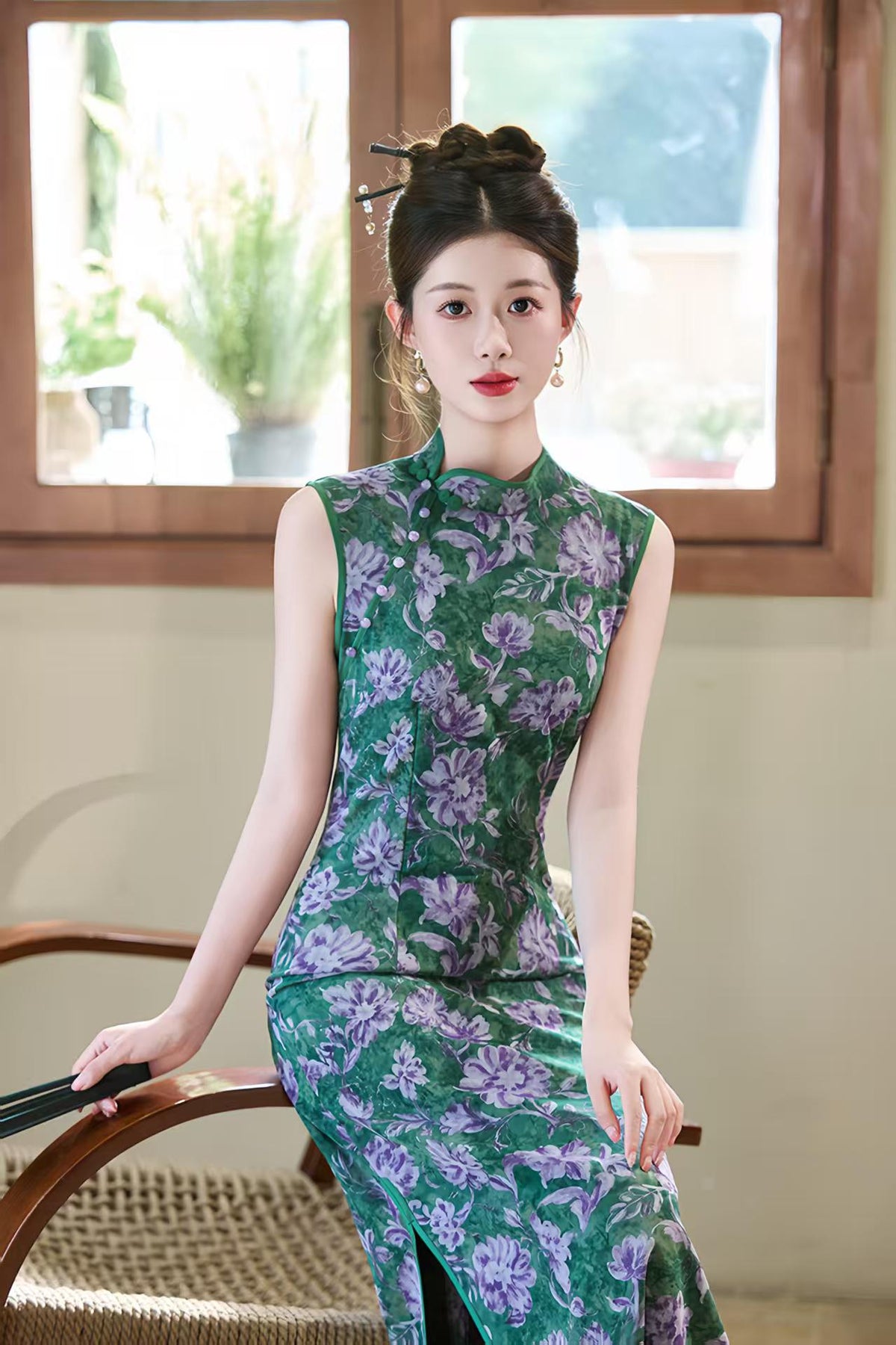 Women's Green Floral Qipao Cheongsam Dress – Mandarin Collar Fitted – additional product view