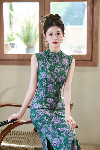Women's Green Floral Qipao Cheongsam Dress – Mandarin Collar Fitted – additional product view