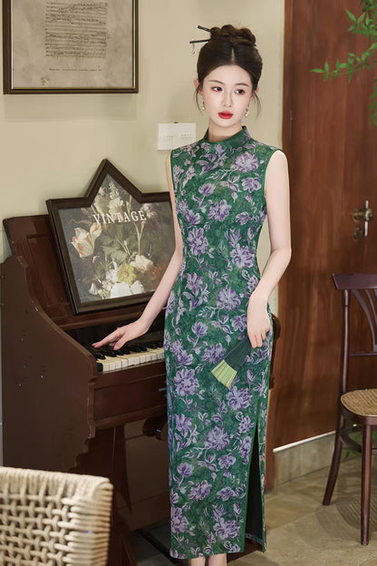 Women's Green Floral Qipao Cheongsam Dress – Mandarin Collar Fitted – additional product view