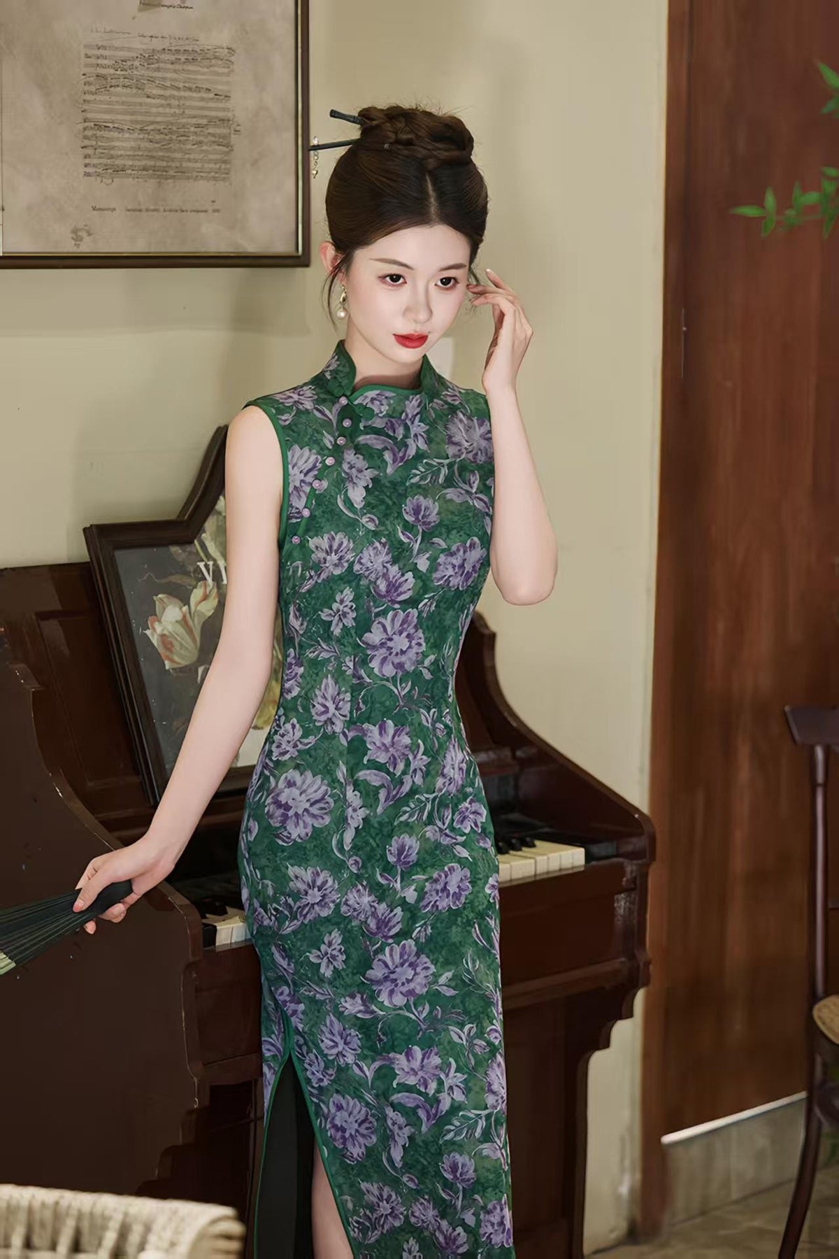 Women's Green Floral Qipao Cheongsam Dress – Mandarin Collar Fitted – additional product view