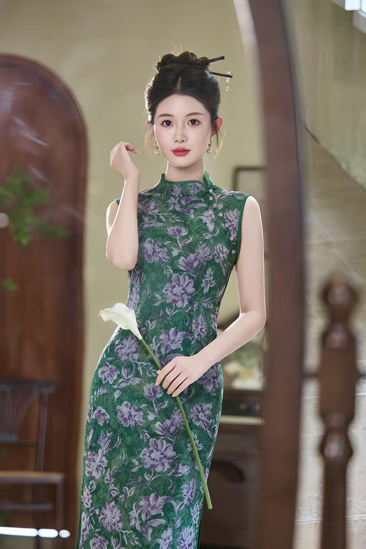 Women's Green Floral Qipao Cheongsam Dress – Mandarin Collar Fitted – additional product view