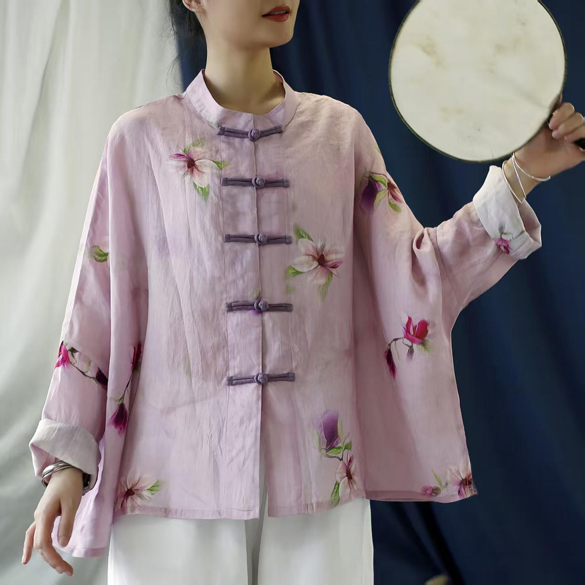 Women's Pink Floral Chinese Tang Jacket – additional product view