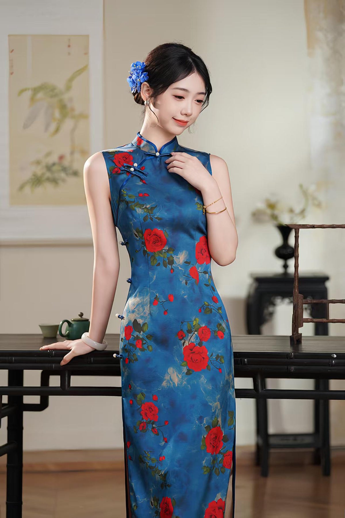 Women's Blue Vintage Qipao Cheongsam Dress