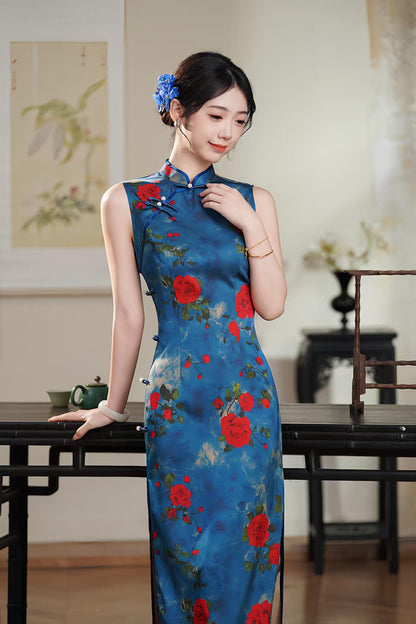 Women's Blue Vintage Qipao Cheongsam Dress