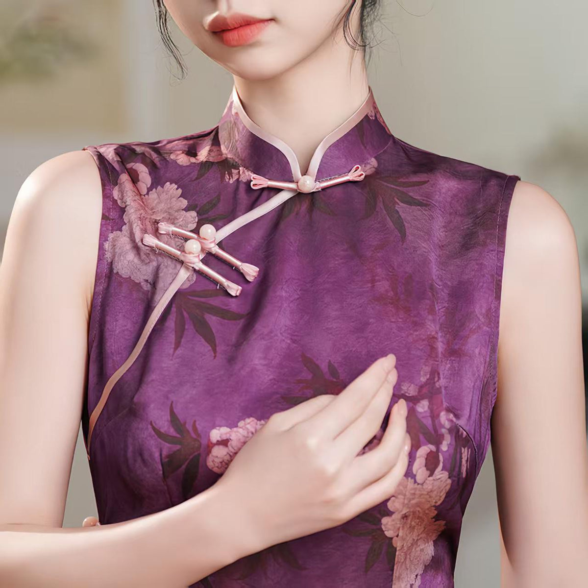 Women's Pink Vintage Qipao Cheongsam Dress – Printed Maxi – additional product view