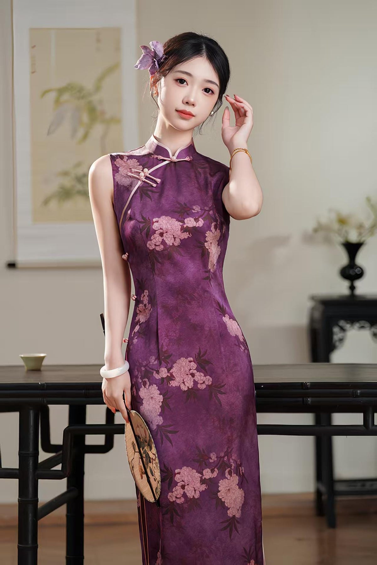 Women's Pink Vintage Qipao Cheongsam Dress – Printed Maxi – additional product view
