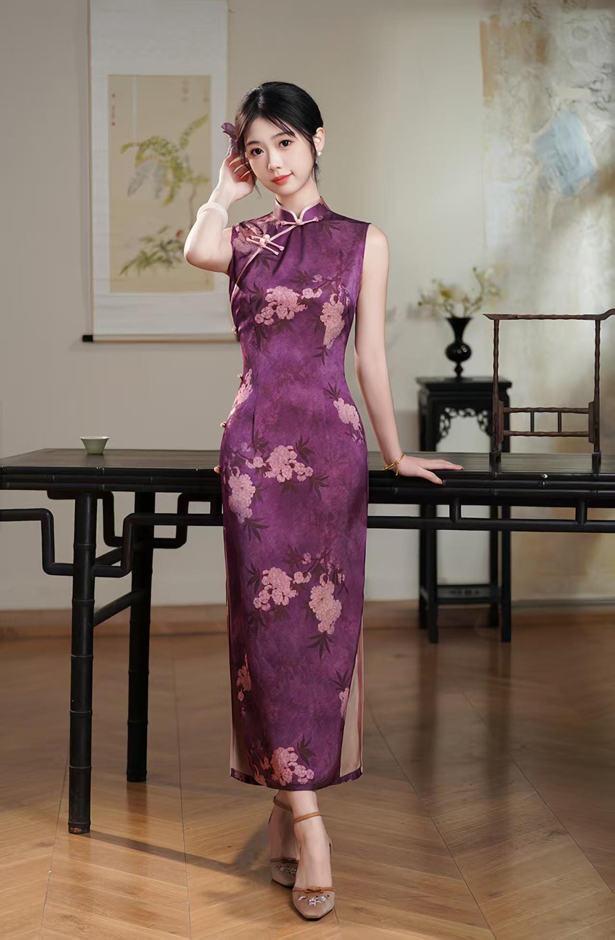 Women's Pink Vintage Qipao Cheongsam Dress – Printed Maxi – additional product view