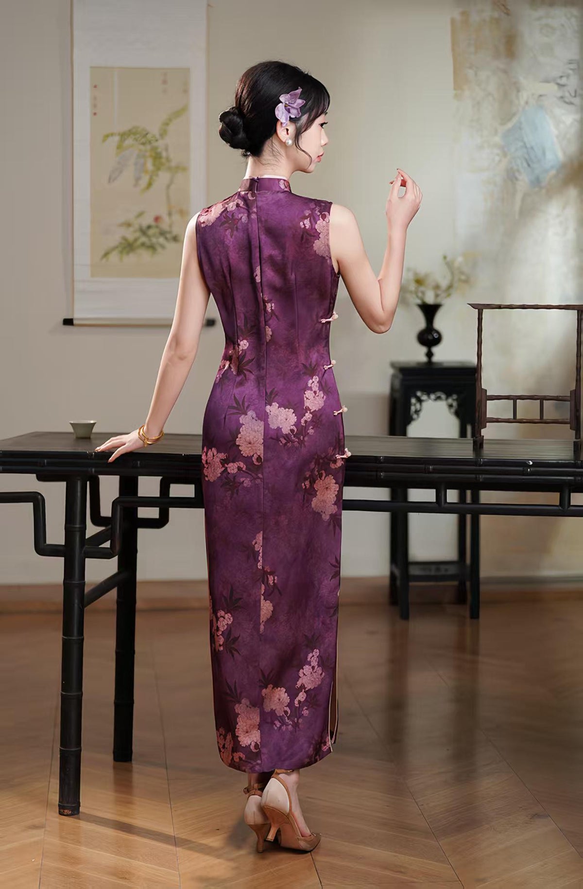 Women's Pink Vintage Qipao Cheongsam Dress – Printed Maxi – additional product view