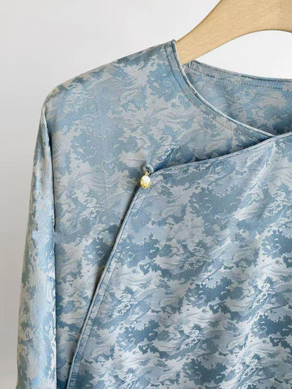 Women's Blue Jacquard Chinese Style Blouse – additional product view
