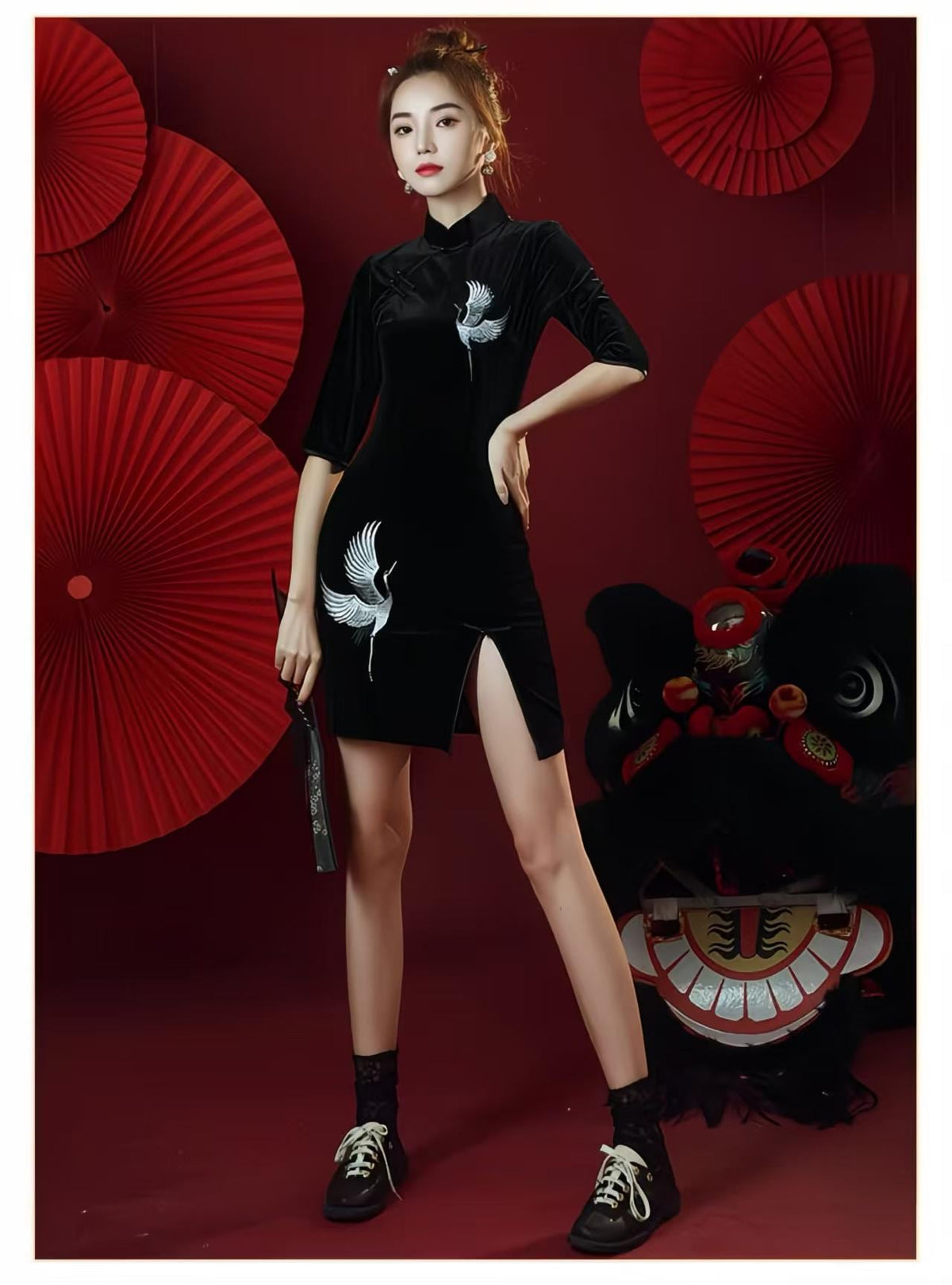 Women's Black Embroidered Velvet Qipao Cheongsam Dress – Crane