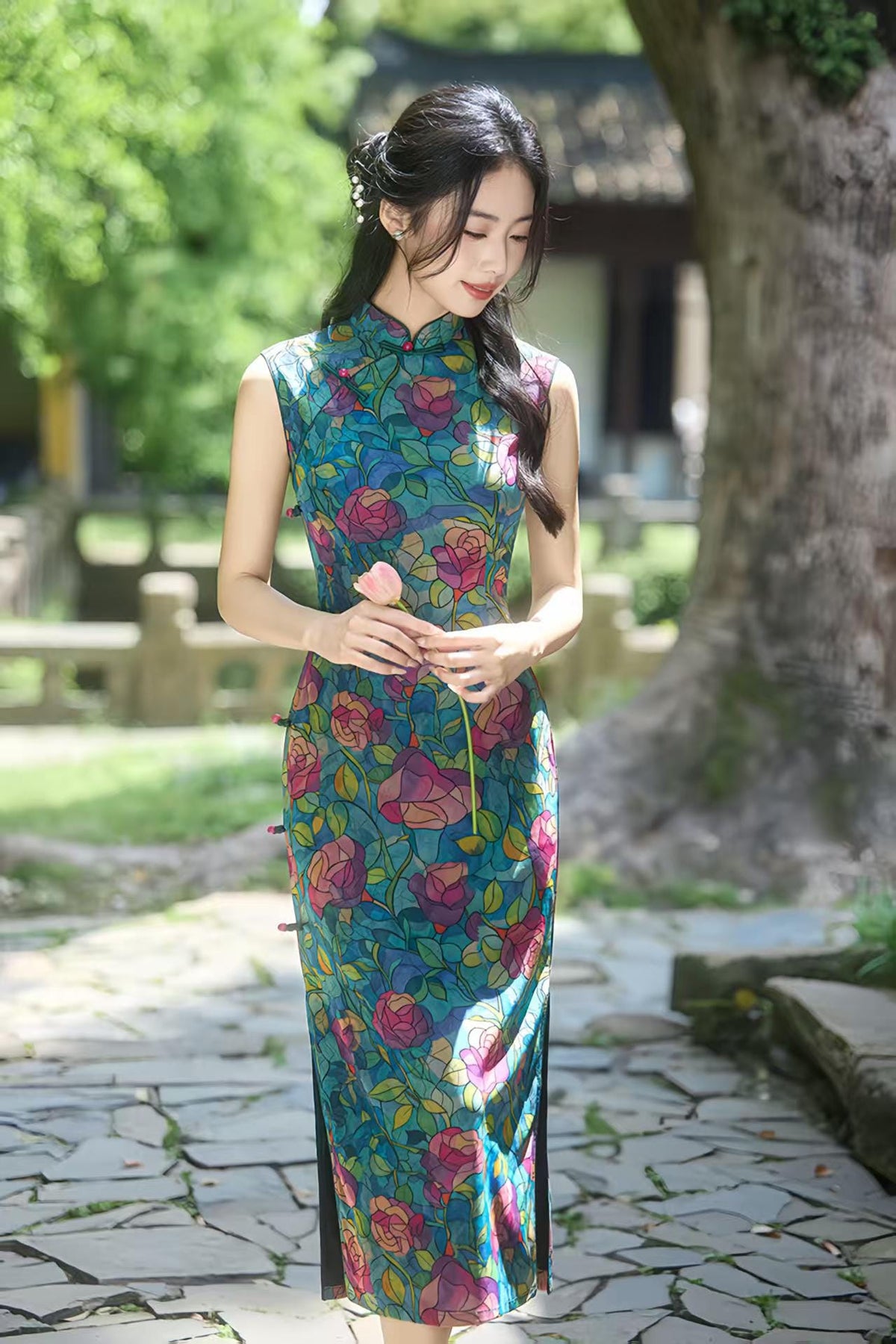 Women's Blue Floral Qipao Cheongsam Dress – additional product view