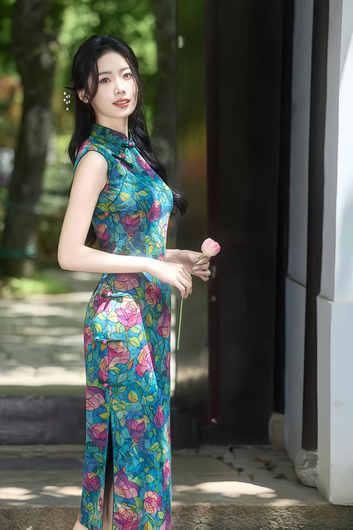 Women's Blue Floral Qipao Cheongsam Dress – additional product view