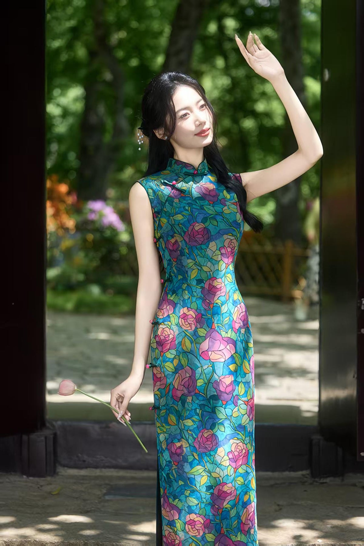 Women's Blue Floral Qipao Cheongsam Dress – additional product view