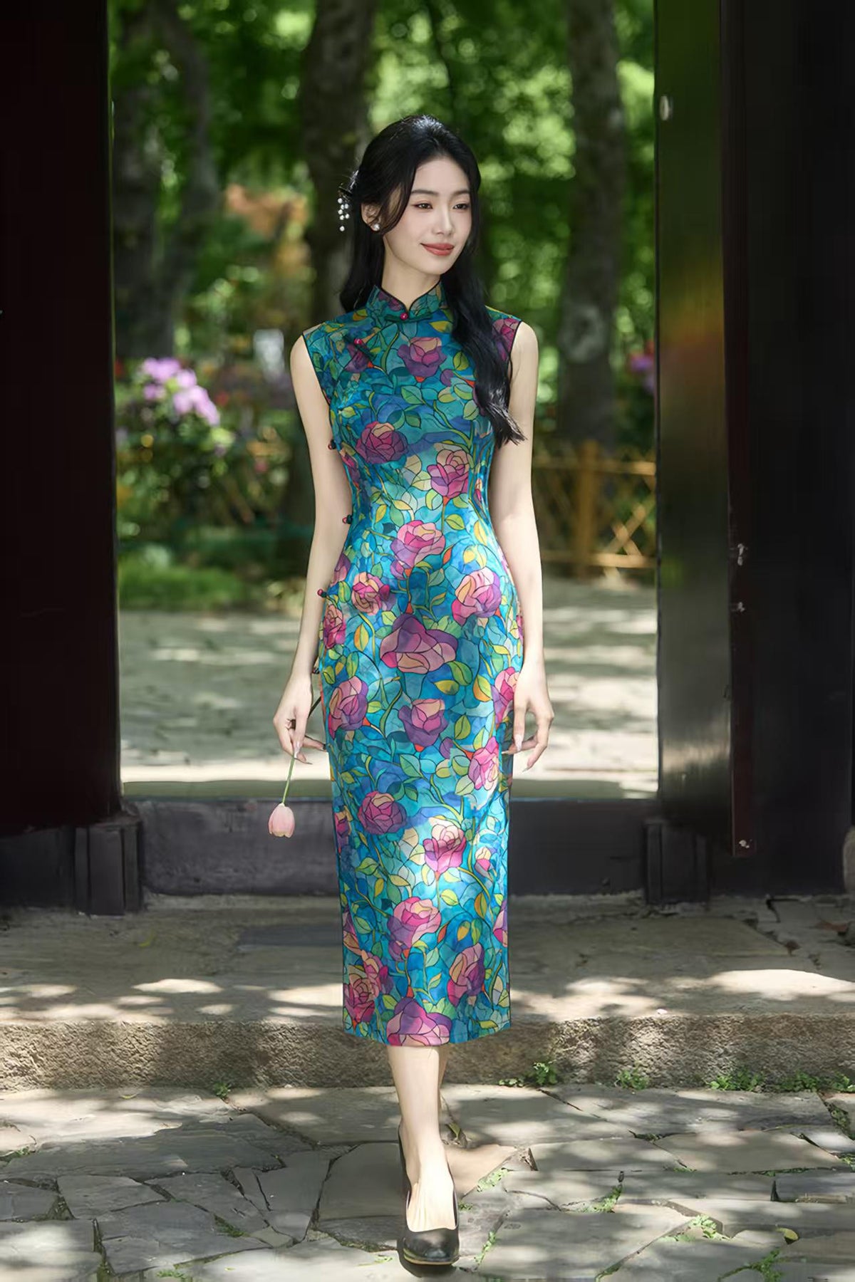 Women's Blue Floral Qipao Cheongsam Dress – additional product view