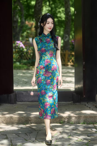 Women's Blue Floral Qipao Cheongsam Dress – additional product view