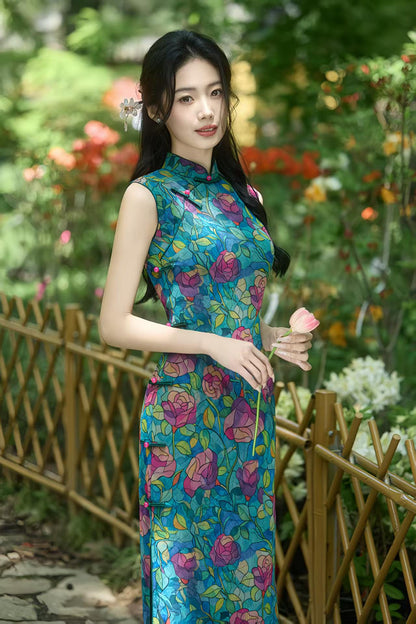 Women's Blue Floral Qipao Cheongsam Dress