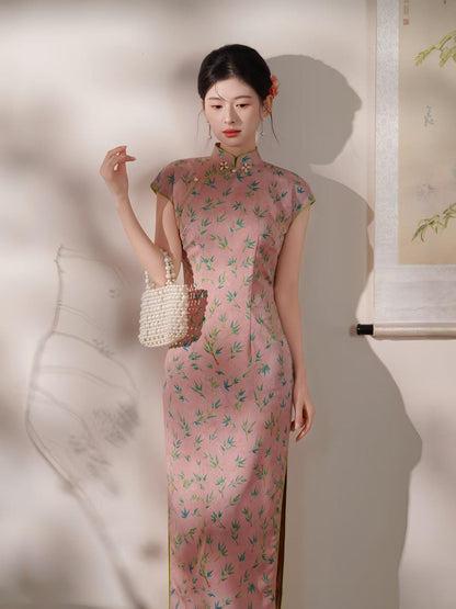 Women's Pink Vintage Satin Qipao Cheongsam Dress – additional product view