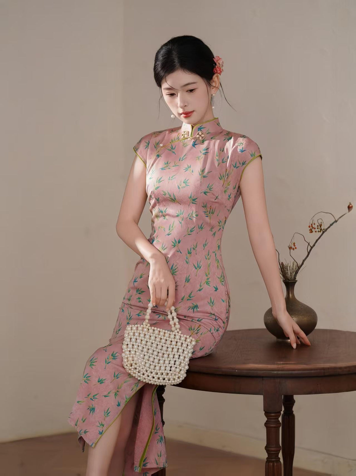 Women's Pink Vintage Satin Qipao Cheongsam Dress