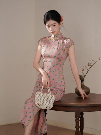 Women's Pink Vintage Satin Qipao Cheongsam Dress