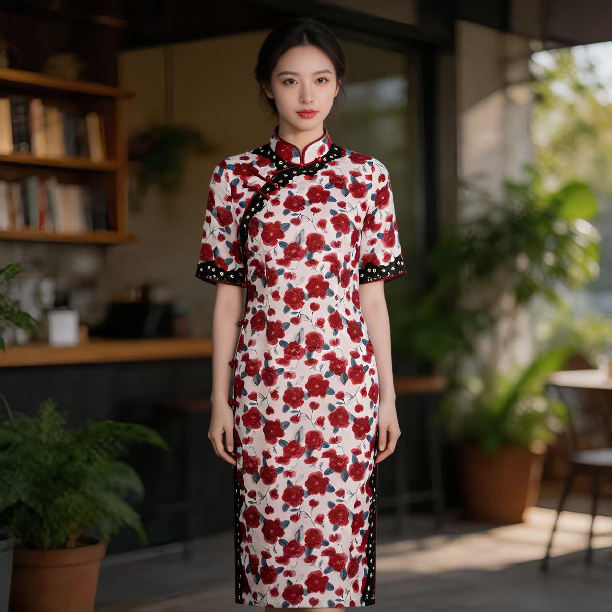 Women's Pink Floral Qipao Cheongsam Dress – additional product view