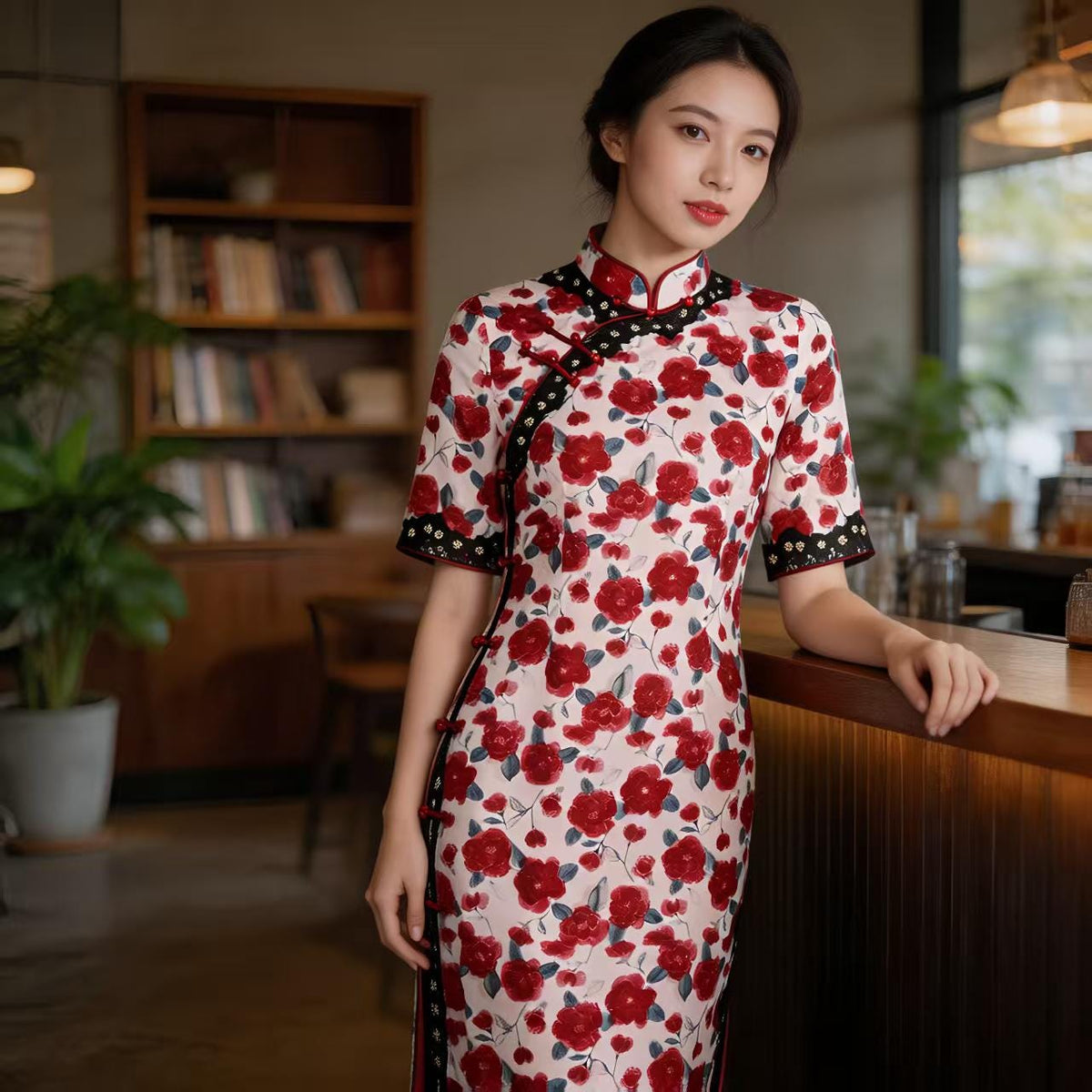 Women's Pink Floral Qipao Cheongsam Dress – additional product view