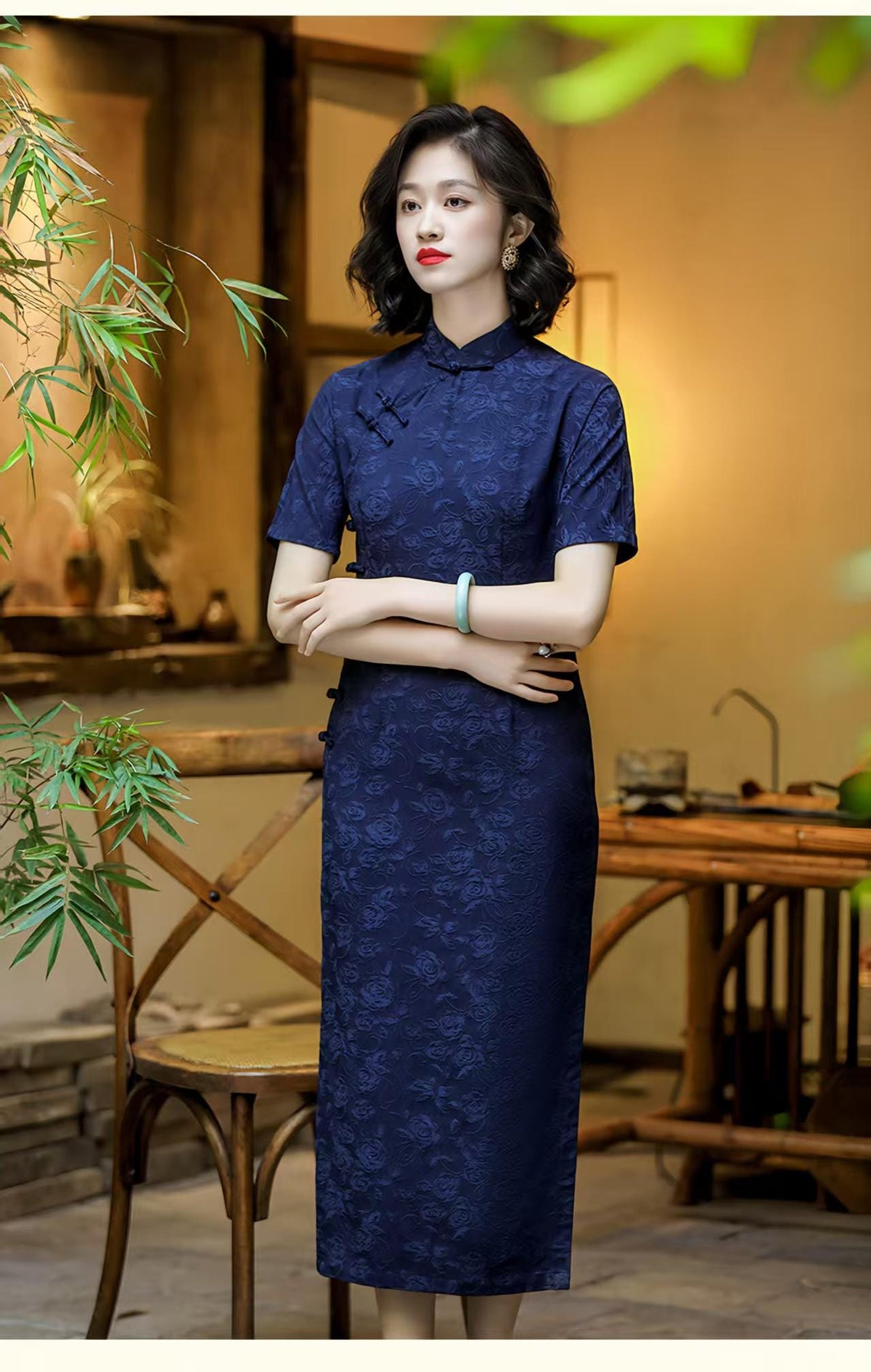 Women's Blue Vintage Qipao Cheongsam Dress – Cotton – additional product view