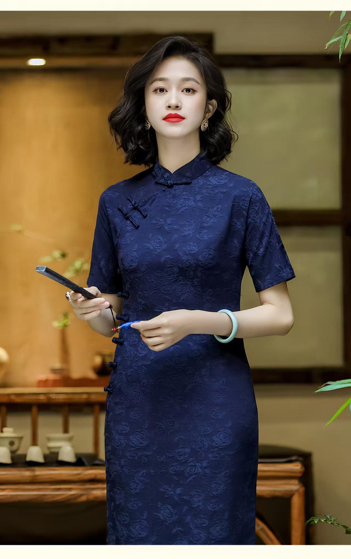Women's Blue Vintage Qipao Cheongsam Dress – Cotton – additional product view