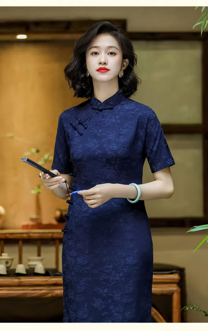 Women's Blue Vintage Qipao Cheongsam Dress – Cotton – additional product view