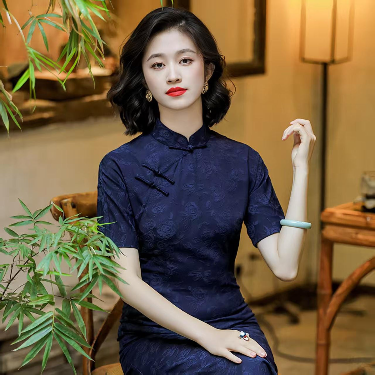 Women's Blue Vintage Qipao Cheongsam Dress – Cotton – additional product view