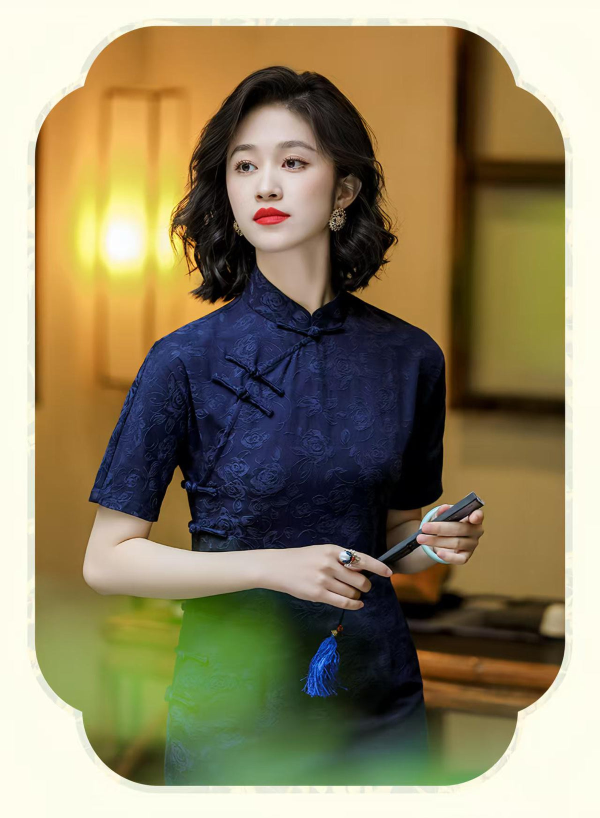 Women's Blue Vintage Qipao Cheongsam Dress – Cotton – additional product view