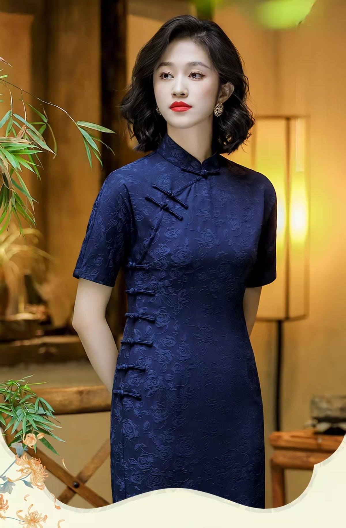 Women's Blue Vintage Qipao Cheongsam Dress – Cotton – additional product view