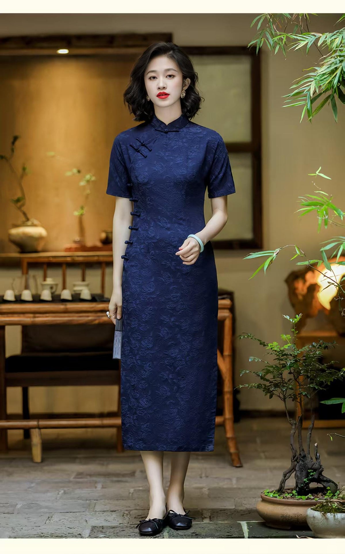 Women's Blue Vintage Qipao Cheongsam Dress – Cotton – additional product view