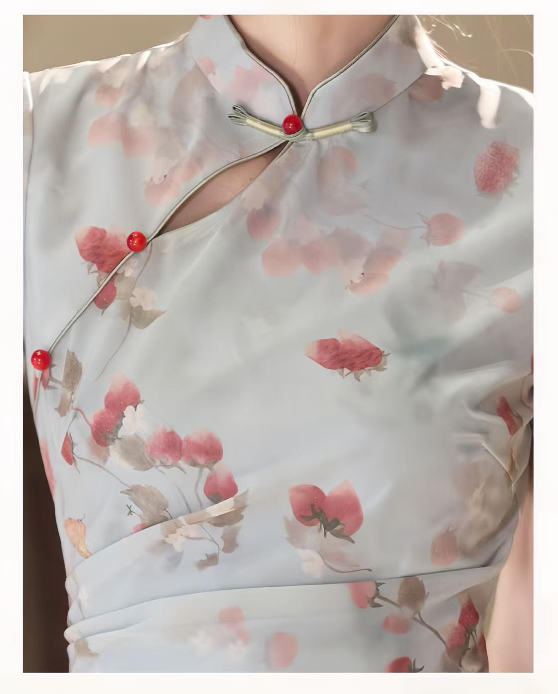 Women's Floral Qipao Cheongsam Dress – Ivory Linen – additional product view