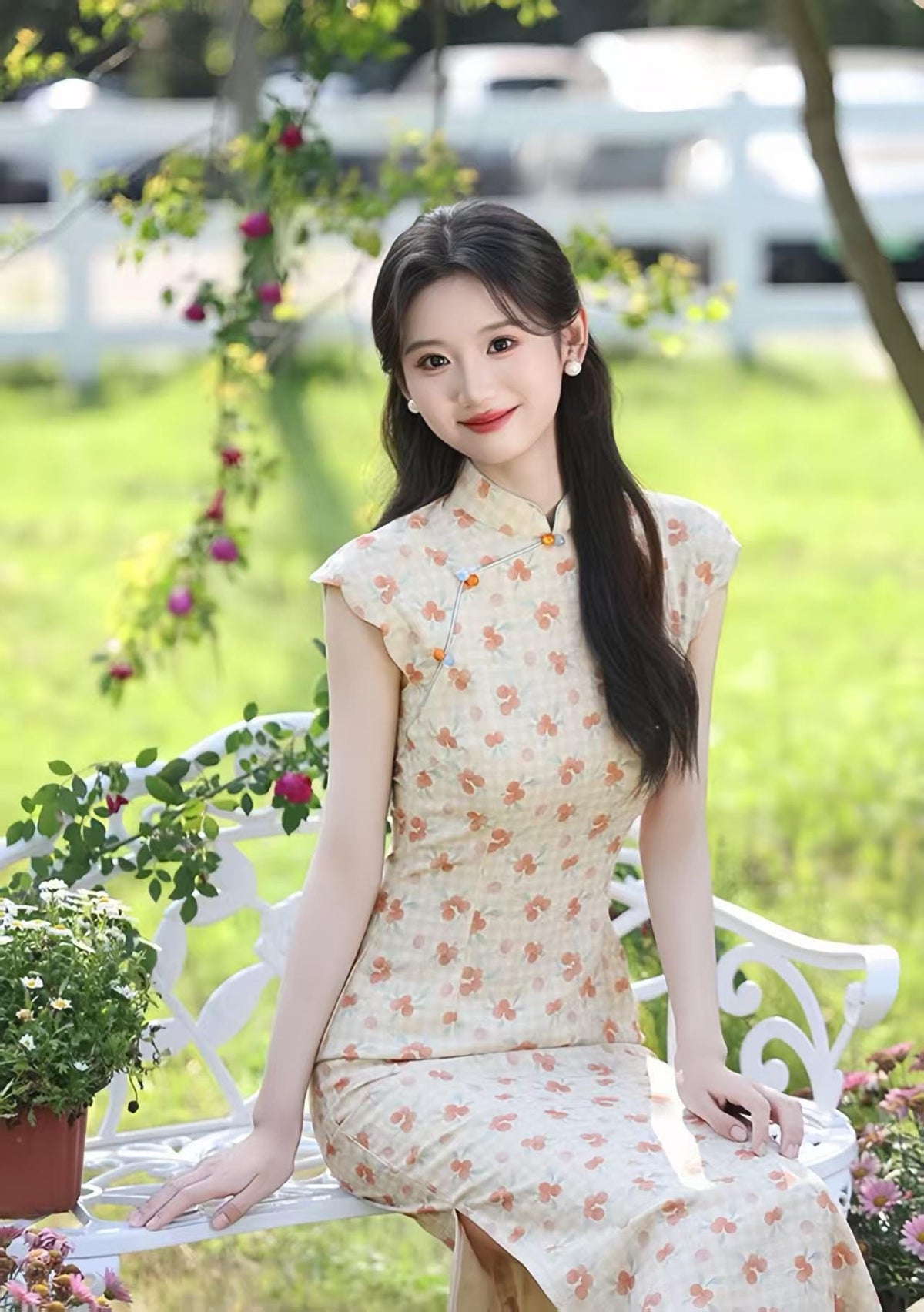 Women's Floral Qipao Cheongsam Dress – Ivory Linen – additional product view