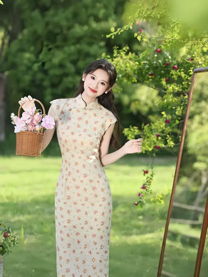 Women's Floral Qipao Cheongsam Dress – Ivory Linen – additional product view