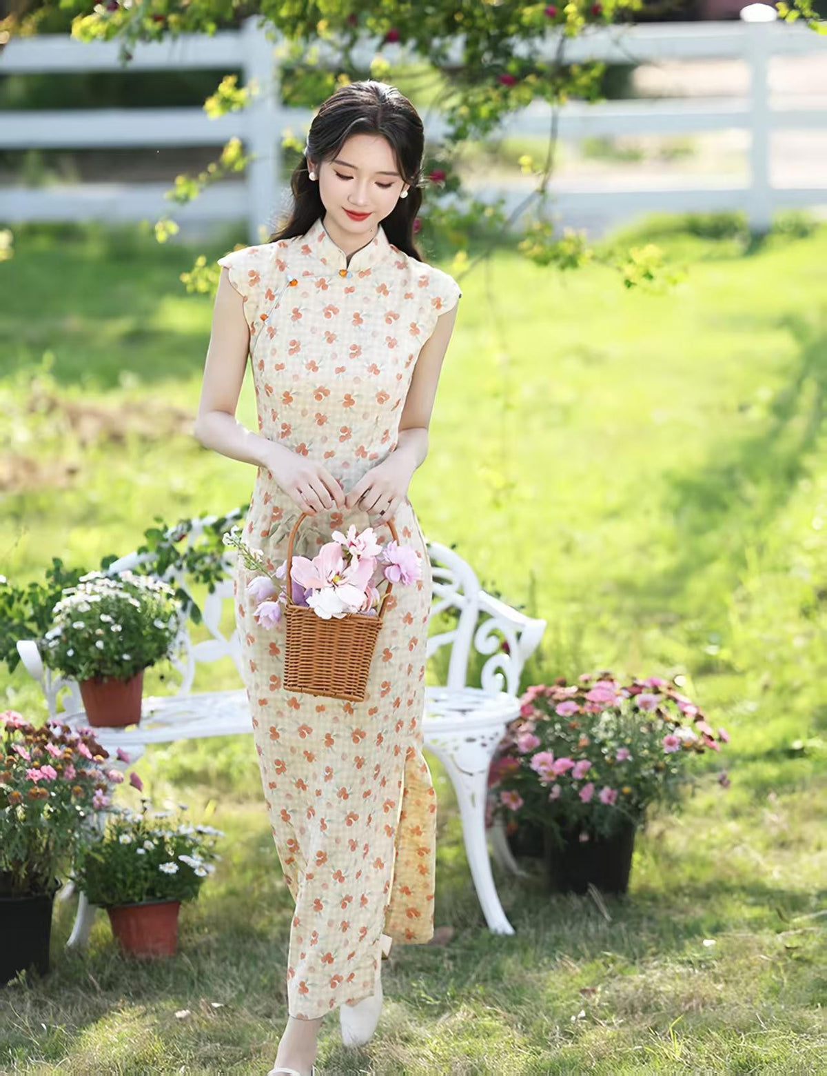 Women's Floral Qipao Cheongsam Dress – Ivory Linen – additional product view