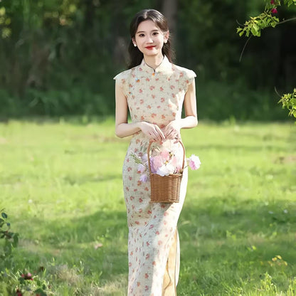 Women's Floral Qipao Cheongsam Dress – Ivory Linen – additional product view