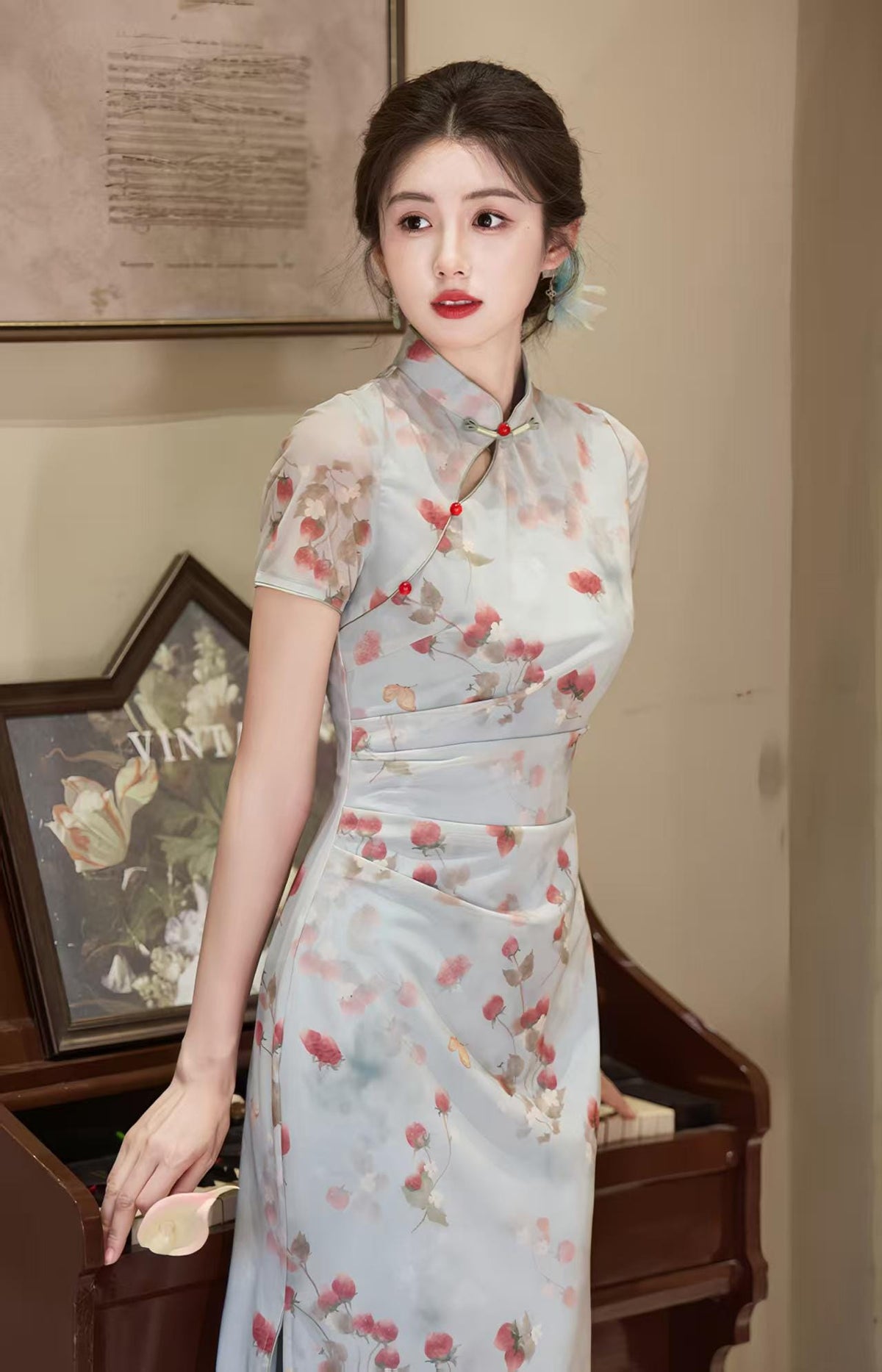 Women's Blue Floral Qipao Cheongsam Dress – Floral Embroidery Fitted – additional product view