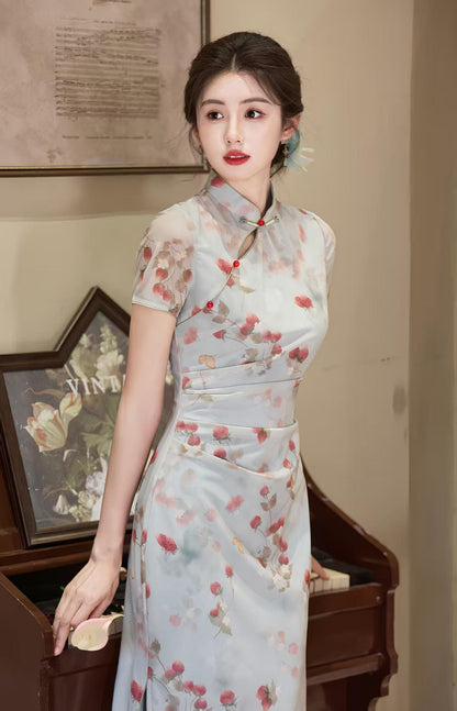 Women's Blue Floral Qipao Cheongsam Dress – Floral Embroidery Fitted – additional product view