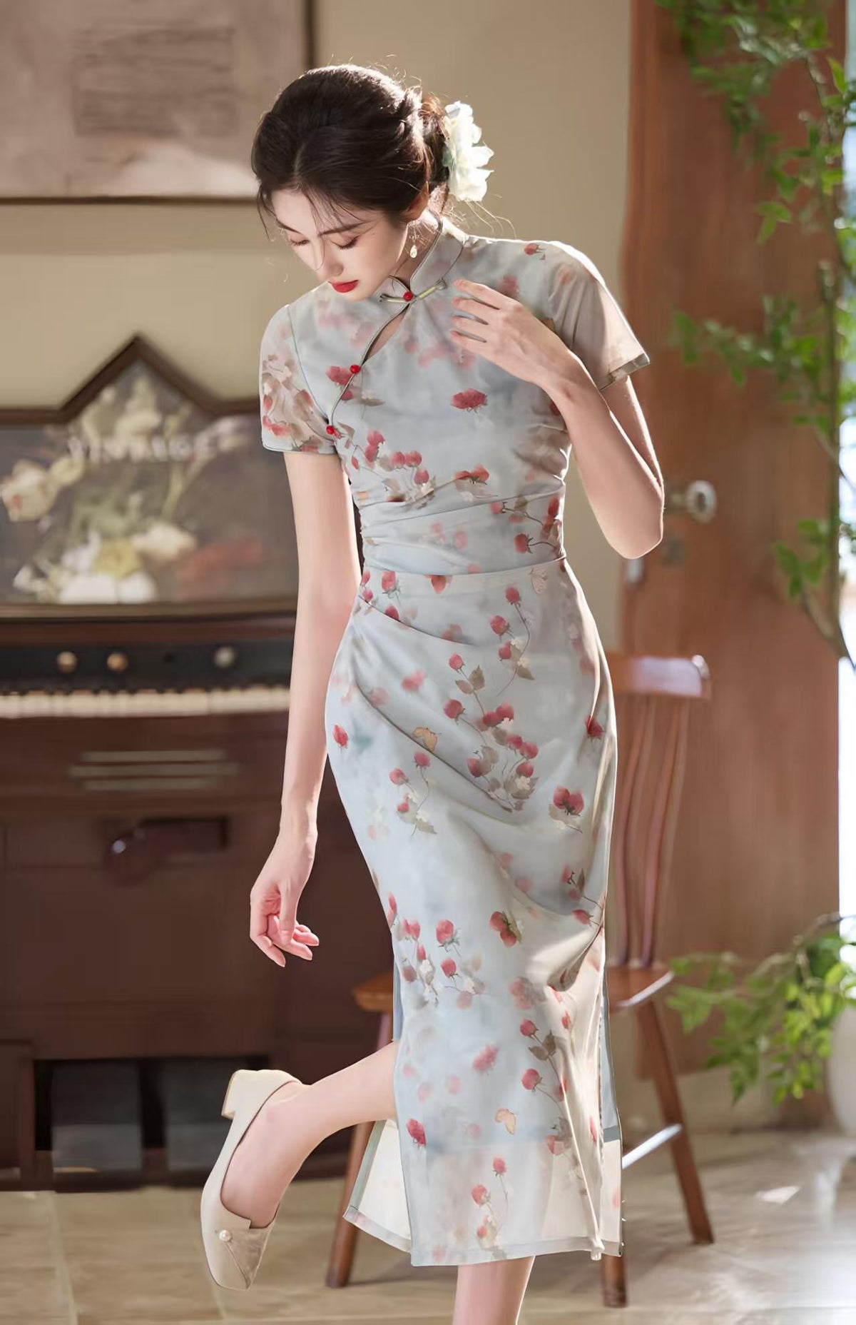 Women's Blue Floral Qipao Cheongsam Dress – Floral Embroidery Fitted – additional product view