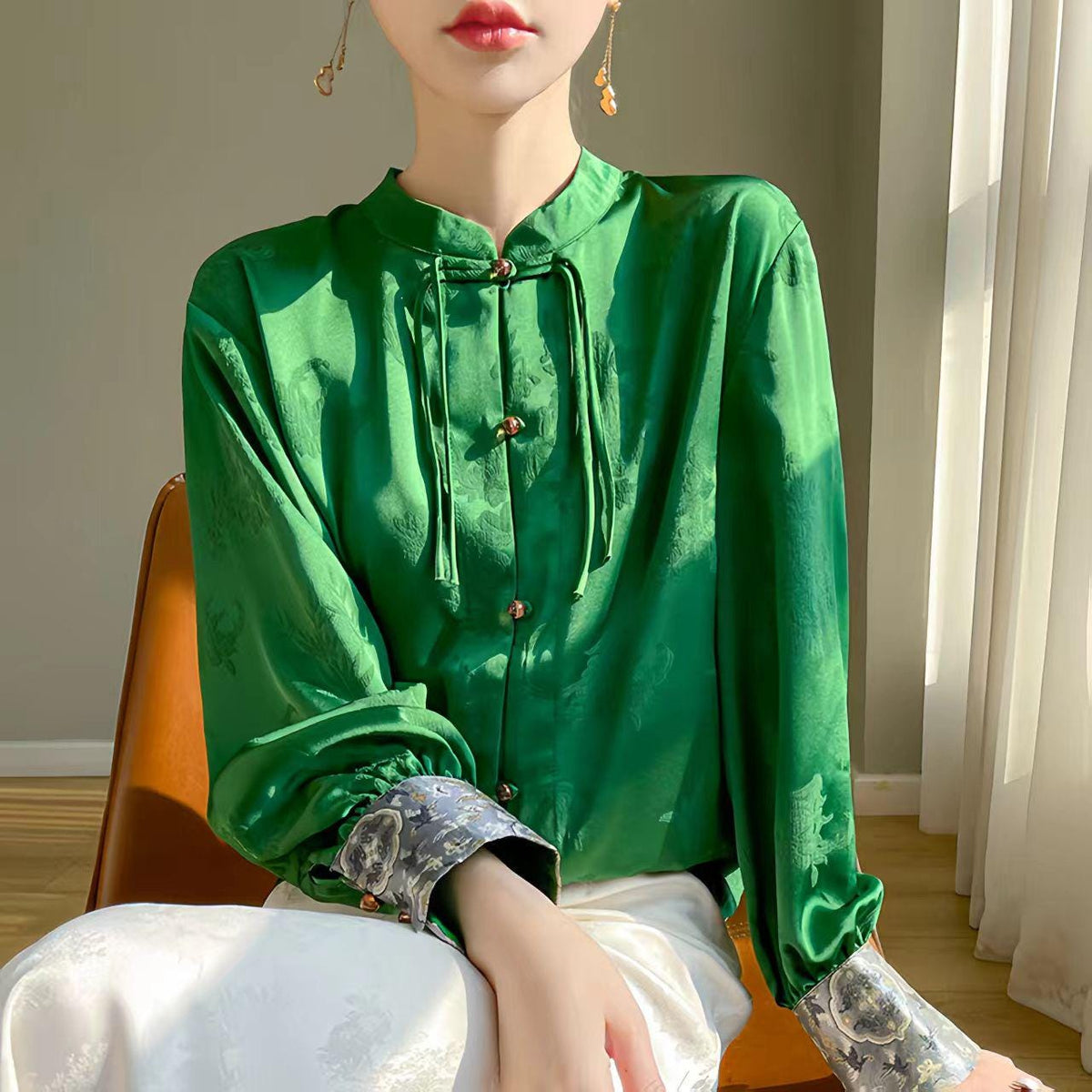 Women's Green Jacquard Satin Chinese Style Blouse – additional product view