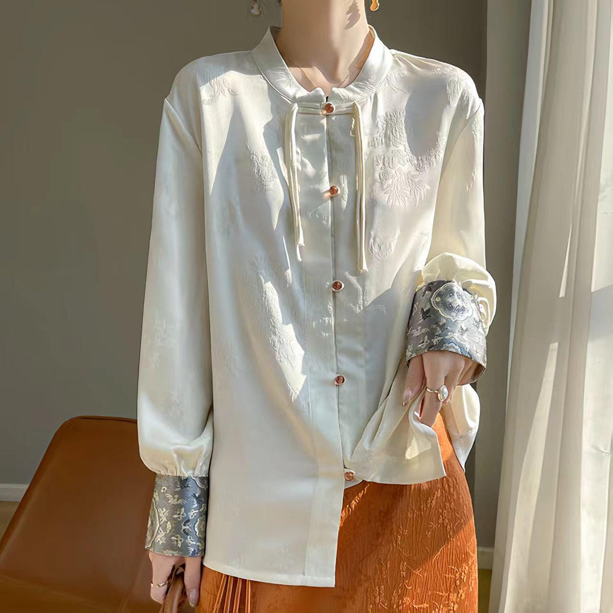 Women's Green Jacquard Satin Chinese Style Blouse – additional product view