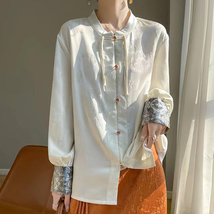 Women's Green Jacquard Satin Chinese Style Blouse – additional product view